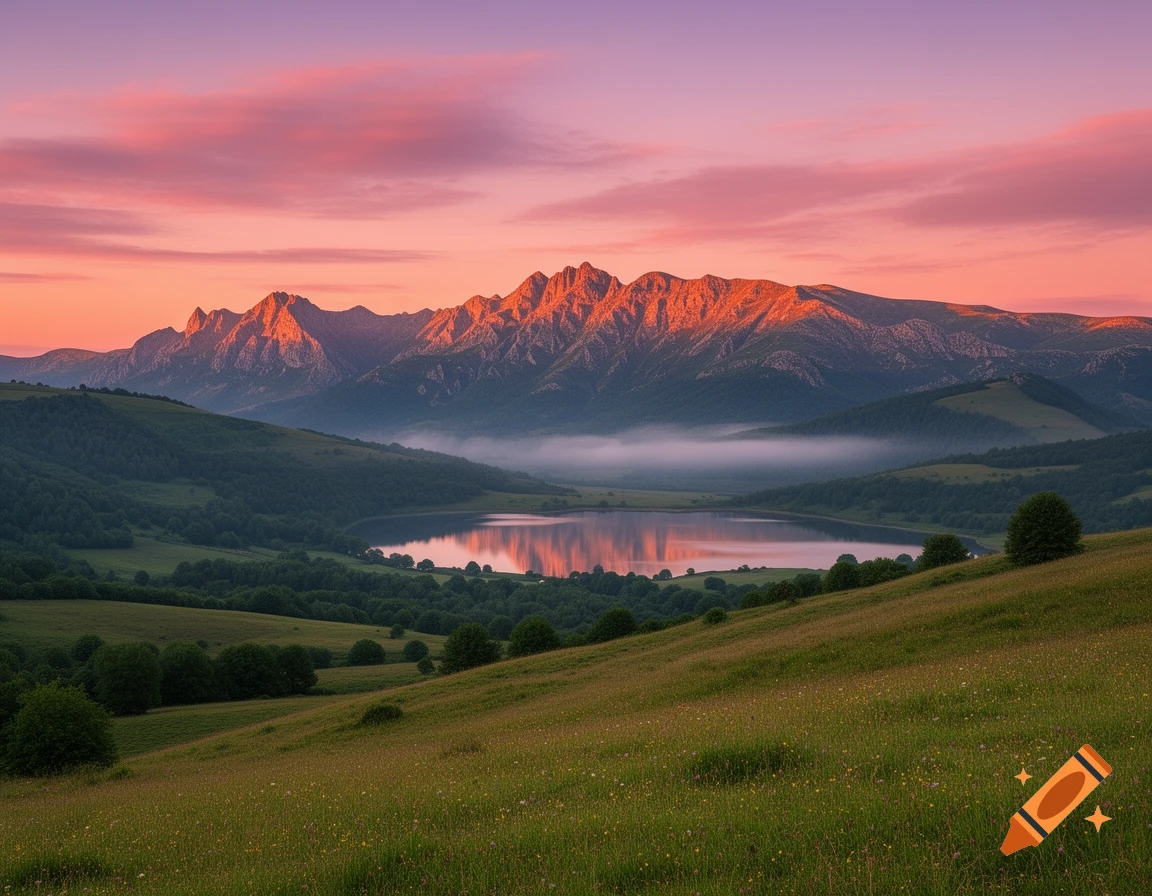 Photorealistic mountain landscape at sunrise with a lake reflecting pink and purple skies, surrounded by green hills and forests.