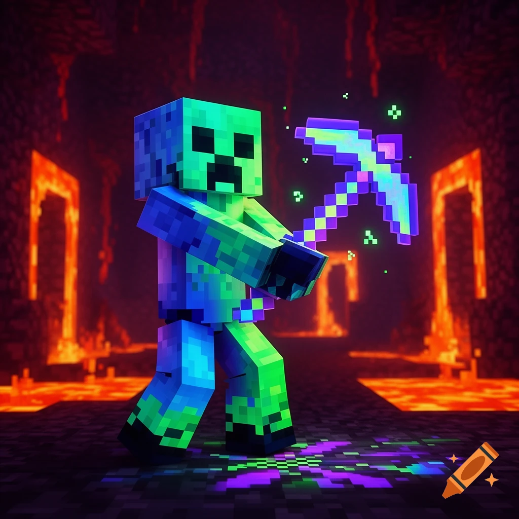 A vibrant, pixelated neon royal Creeper from Minecraft holds an enchanted pickaxe in a glowing Nether environment.