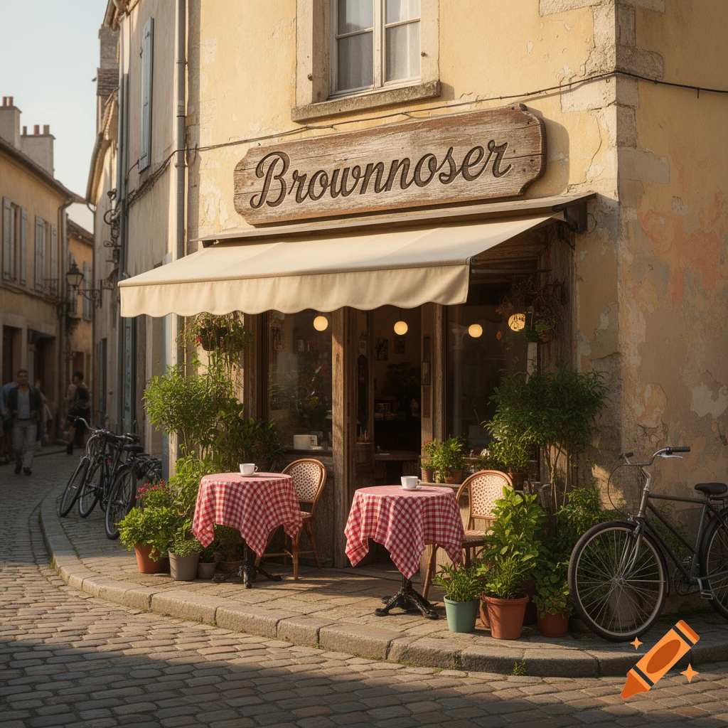 A quaint street view of a cafe named "Brownnoser" with outdoor tables and bicycles on a cobblestone street.