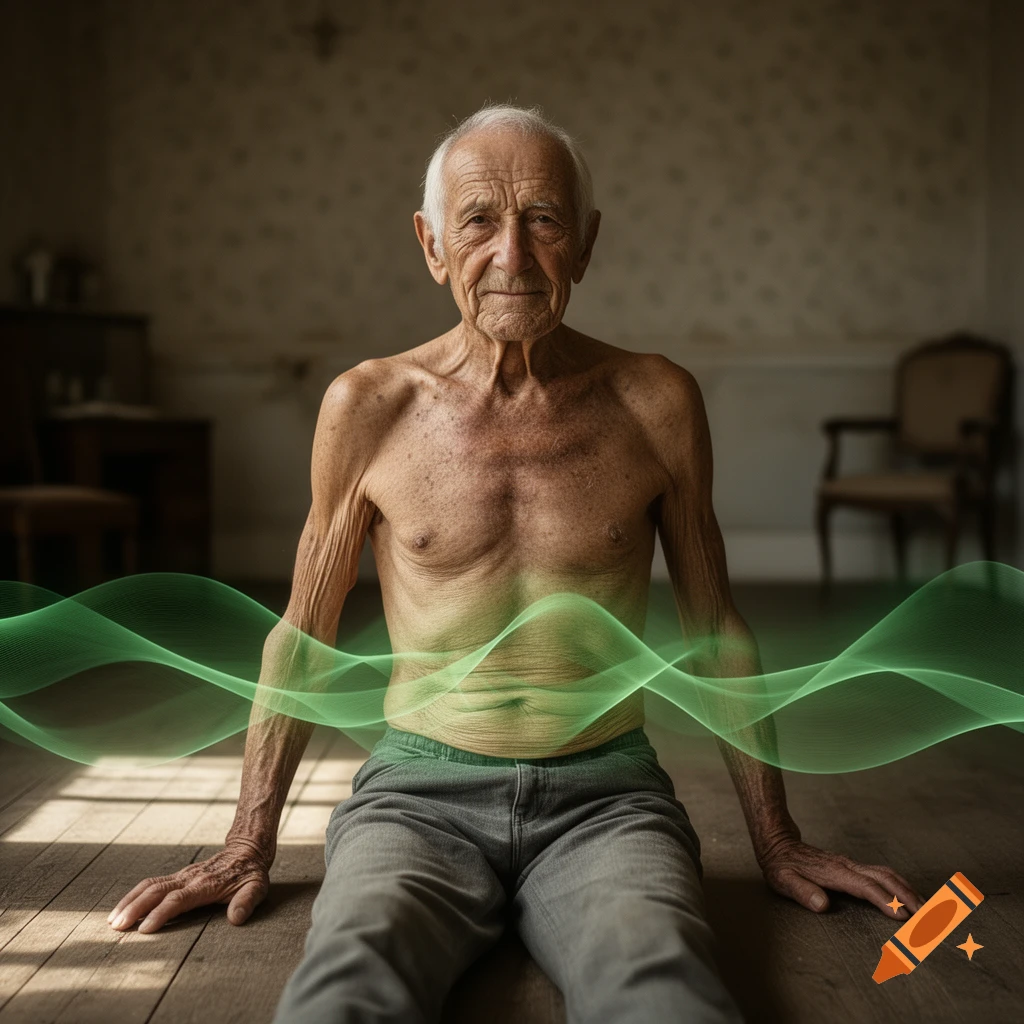 An old man sits shirtless on a wooden floor, green wavy energy emanating from his stomach in a dimly lit room.