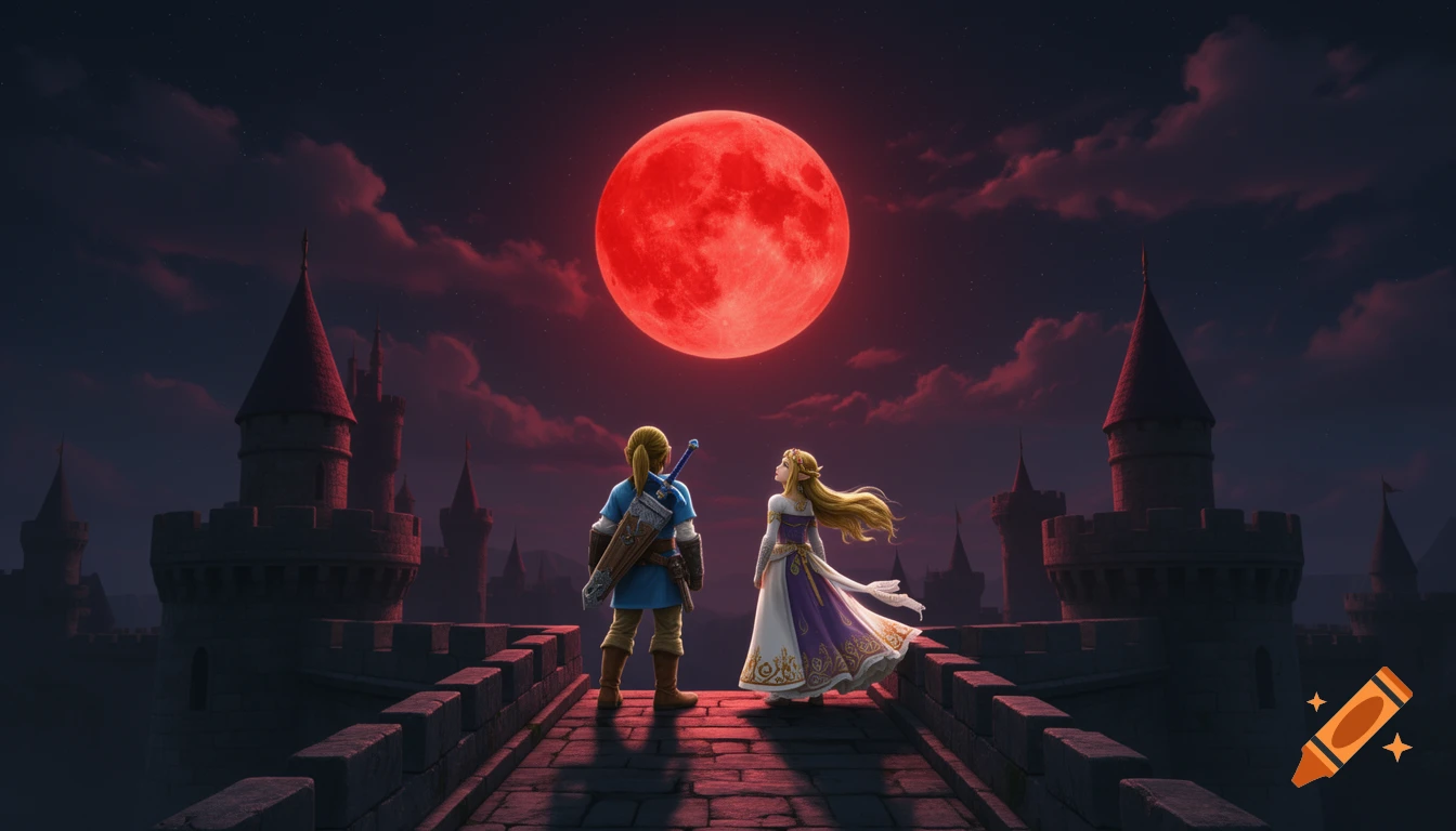 Link and Zelda stand on a castle wall, looking at a large red blood moon in a dark, cloudy sky.