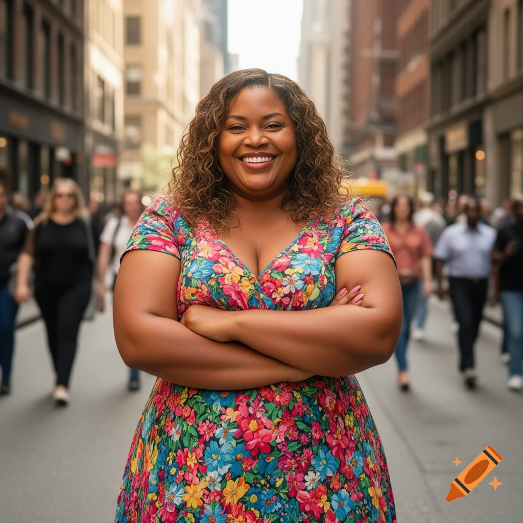 A smiling Black woman in a vibrant floral dress stands with arms crossed on a busy city street, looking at the camera.