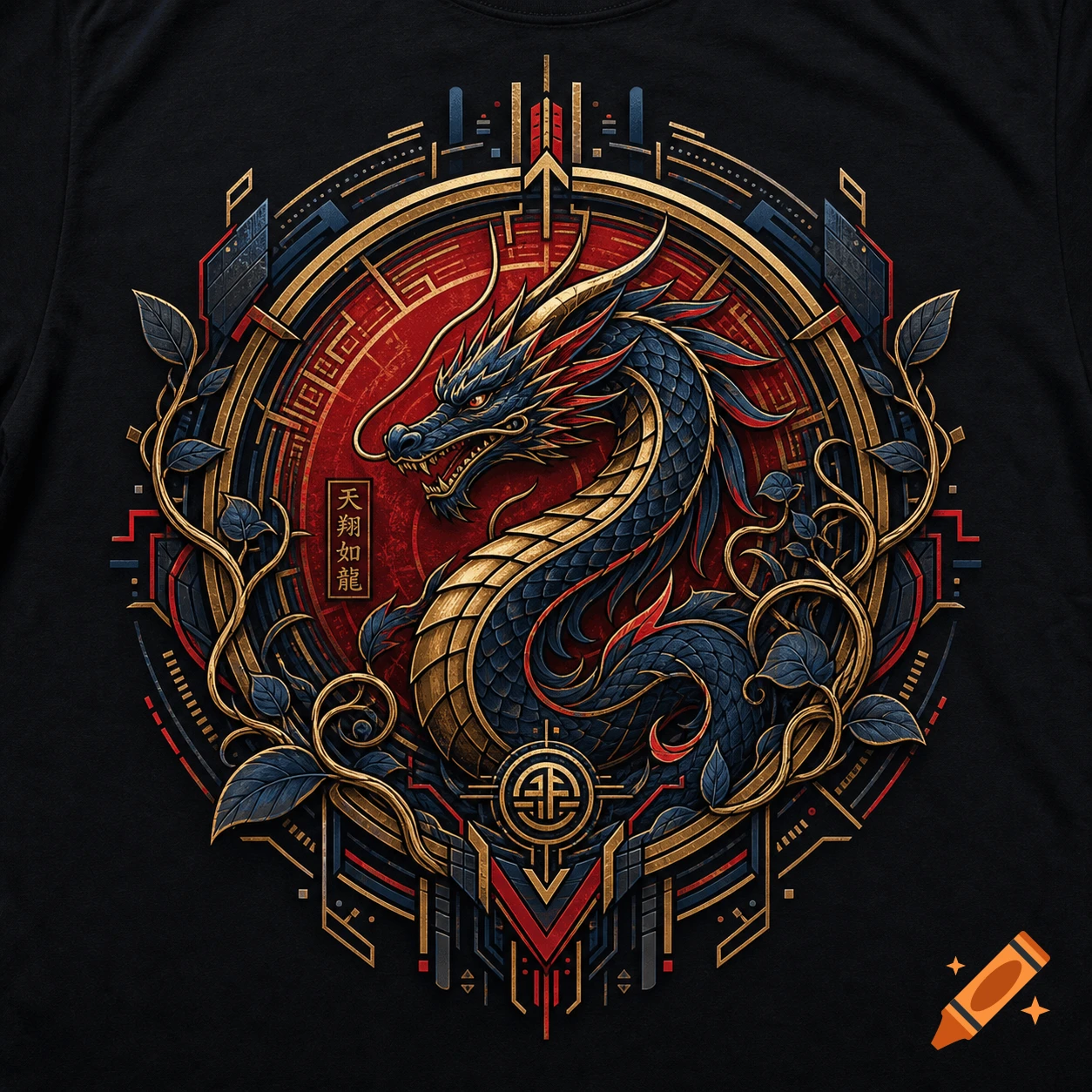 Stylized blue and gold dragon emblem on a black t-shirt, with intricate geometric patterns and Chinese characters.