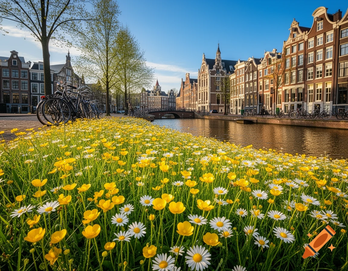Amsterdam canal lined with vibrant buttercups and daisies, historic buildings, and bicycles under a clear blue sky.