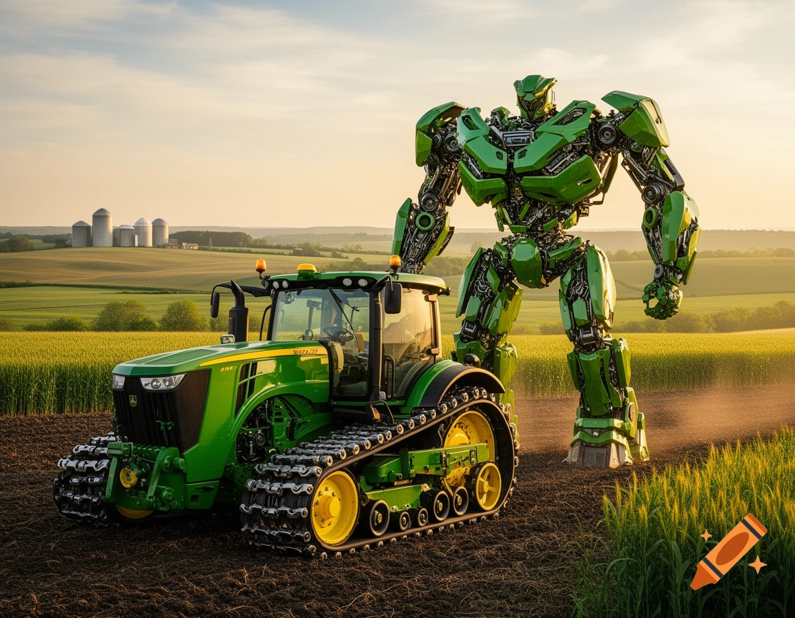 A green tractor with tracks and a large green robot stand in a field at sunset, with silos in the background.