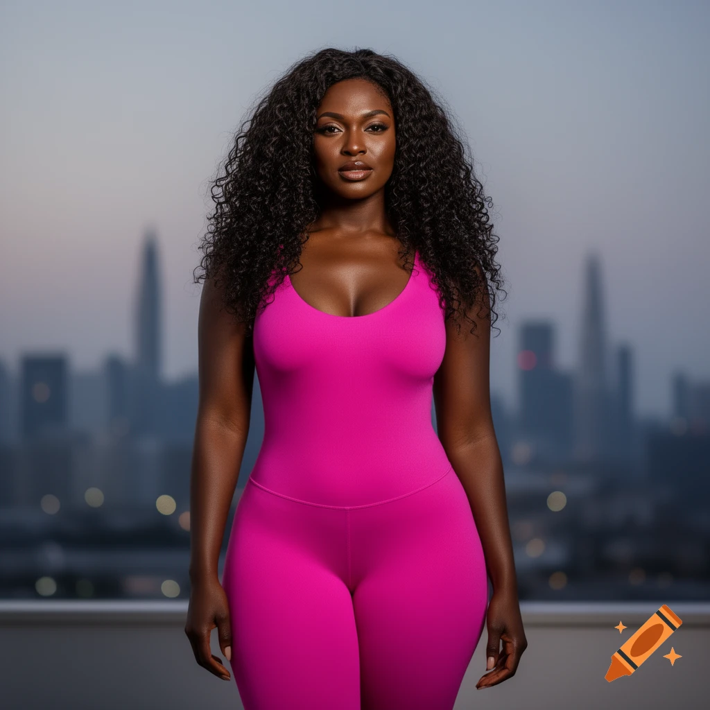 A Black woman with long curly hair wears a pink athletic jumpsuit, standing outdoors with a blurred city skyline at dusk.