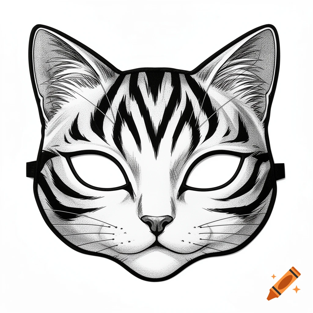 Black and white manga-style cat mask with striped fur patterns and large eye openings.