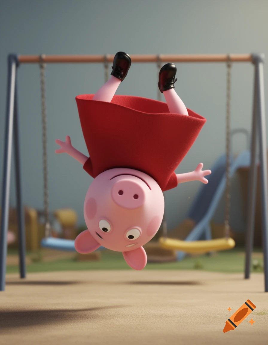 Peppa Pig upside down in a red dress and black shoes, floating above a playground with swings in a 3D animated style.