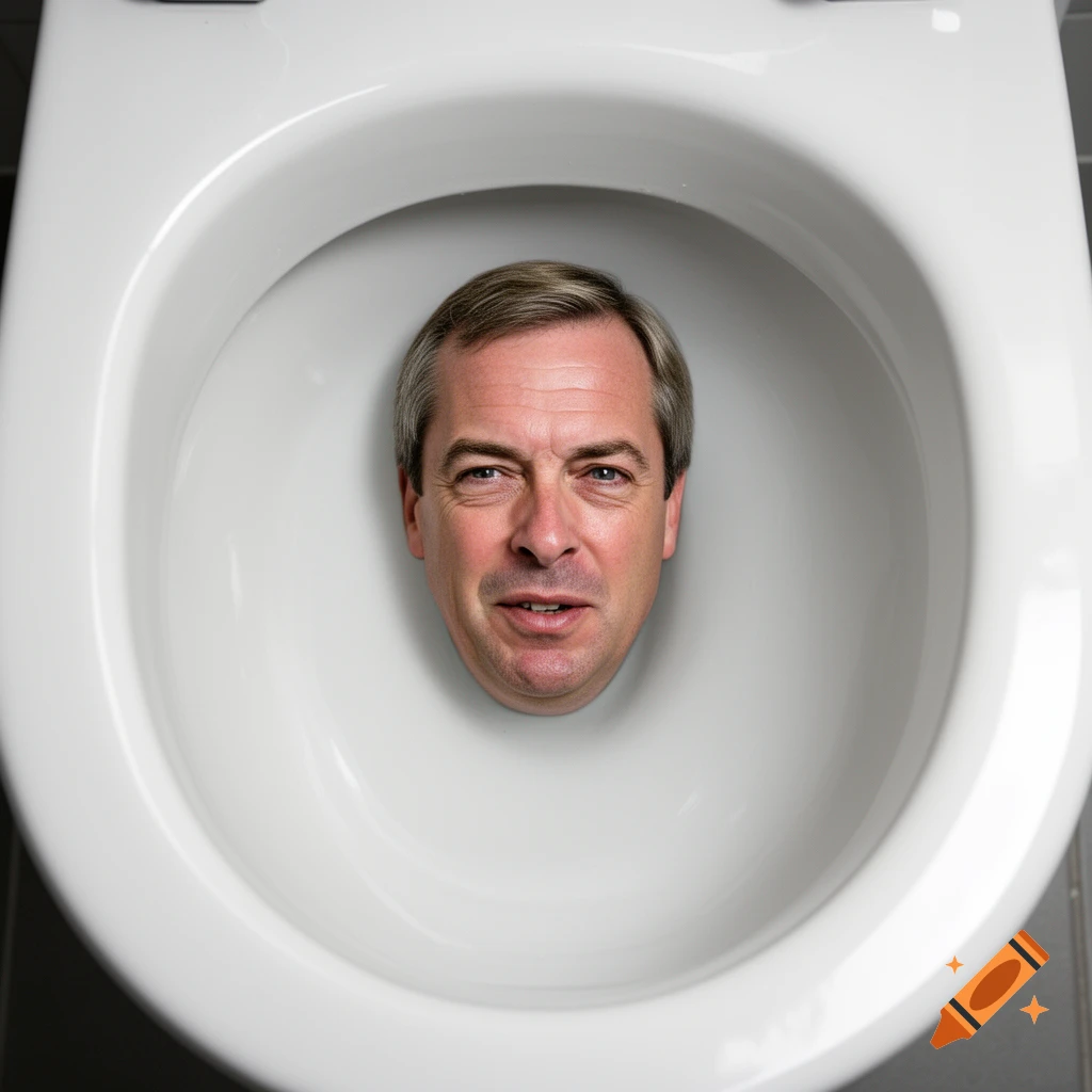 A man's face, resembling Nigel Farage, grimaces while floating in a white toilet bowl, viewed from above.