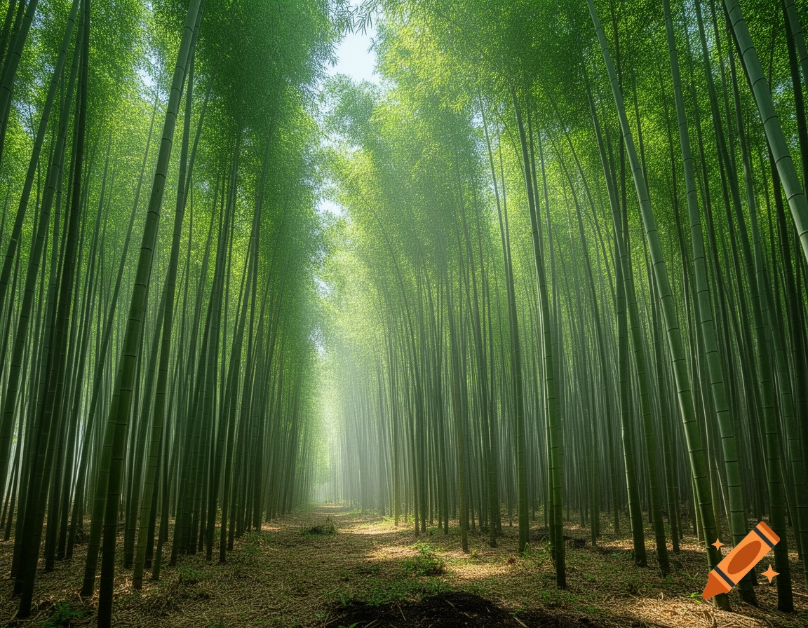 A dense, sun-dappled green bamboo forest with a narrow path leading into the distance.