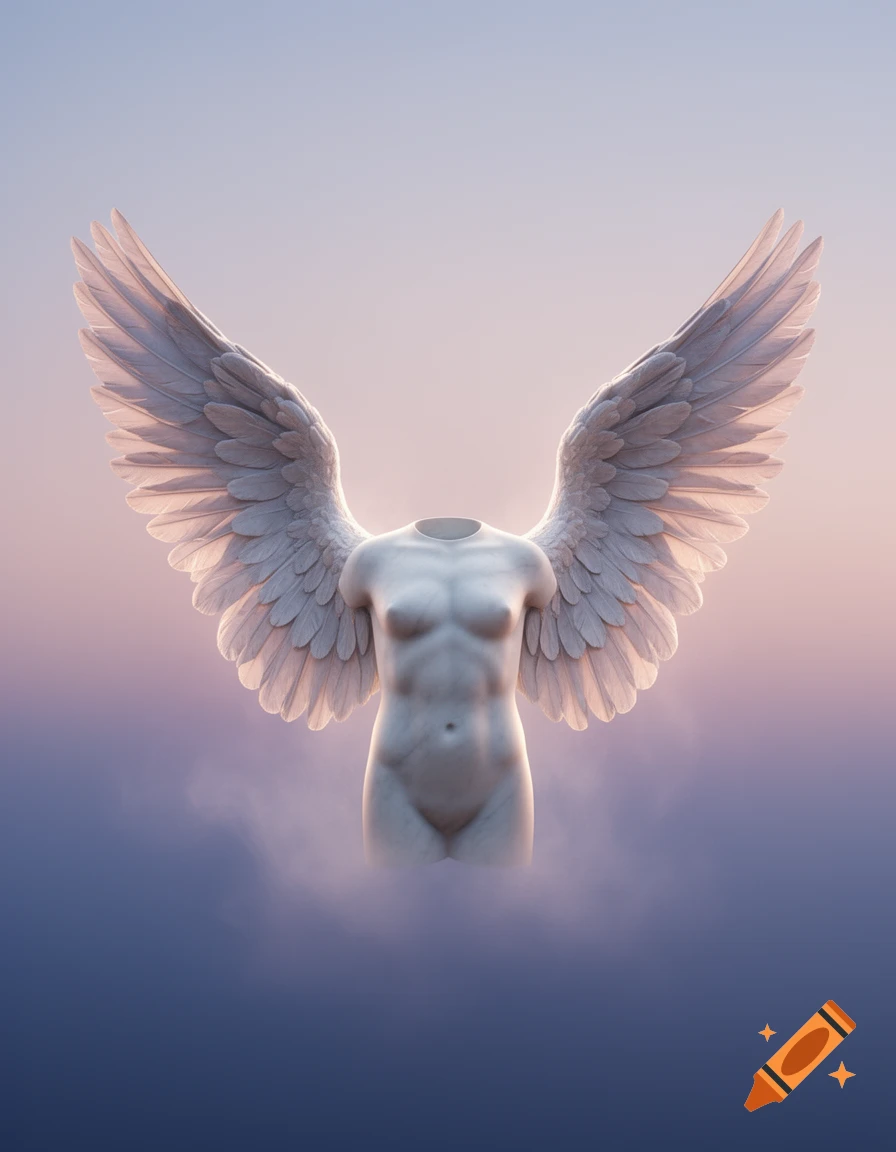 A white headless, limbless female torso statue with large feathered wings emerges from purple clouds into a gradient sky.