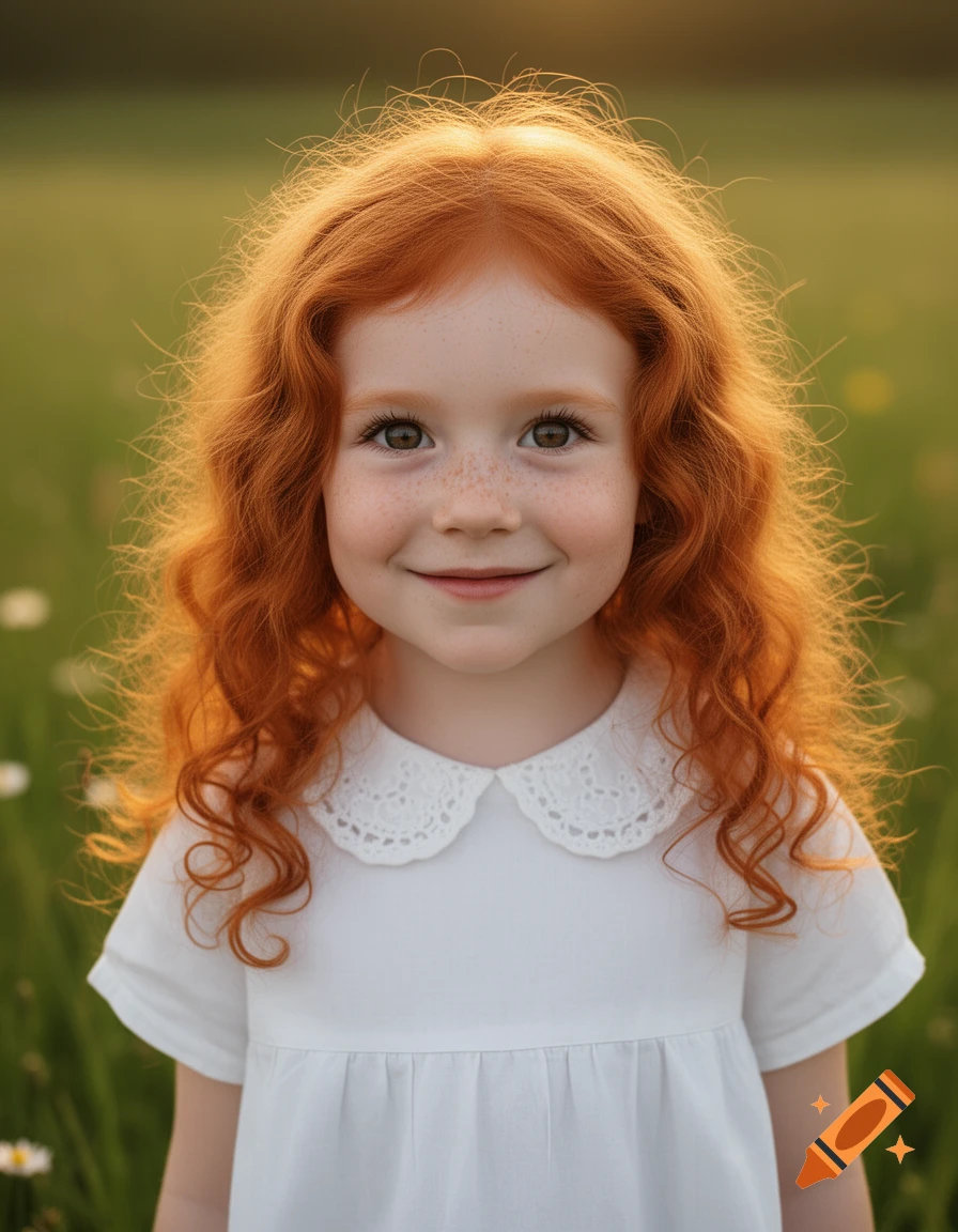 A smiling young girl with long curly red hair and freckles wears a white dress in a sunny green field.