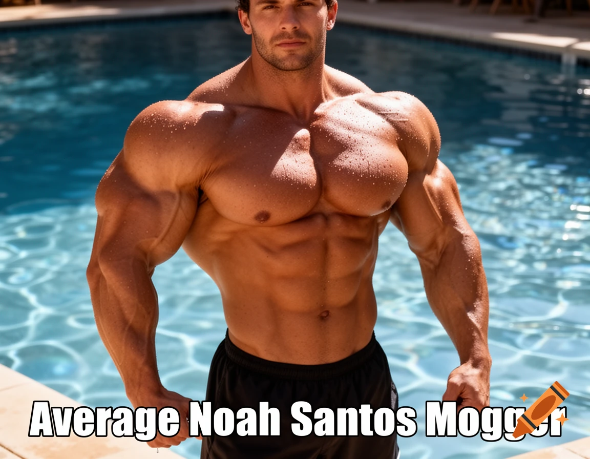 A very muscular, overtrained man with large chest and arm muscles stands by a swimming pool, wearing black shorts. Text reads: "Average Noah Santos Mogger".