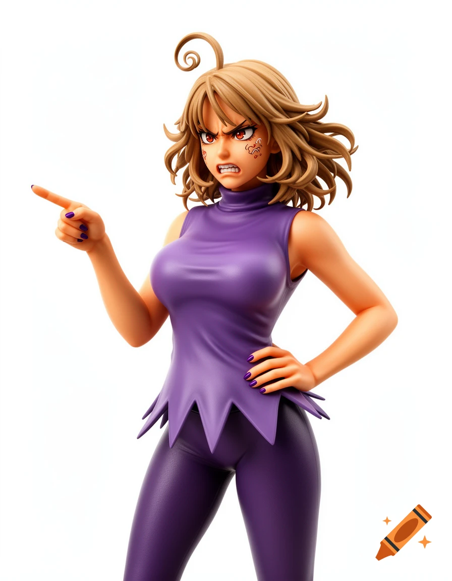 An angry anime-style female figurine with light brown spiky hair, a curly ahoge, and a purple outfit, pointing left on a white background.