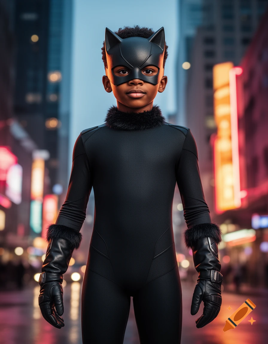 A young Black boy in a black cat-themed superhero costume with a mask stands on a blurry city street at night, looking at the camera.