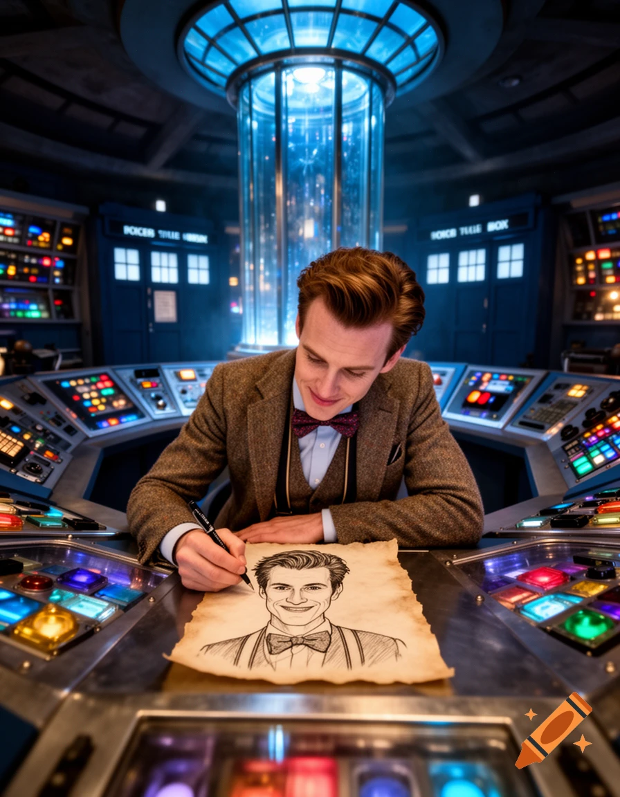 A man resembling the Eleventh Doctor from Doctor Who sits at the TARDIS console, drawing a sketch of himself on a piece of paper.