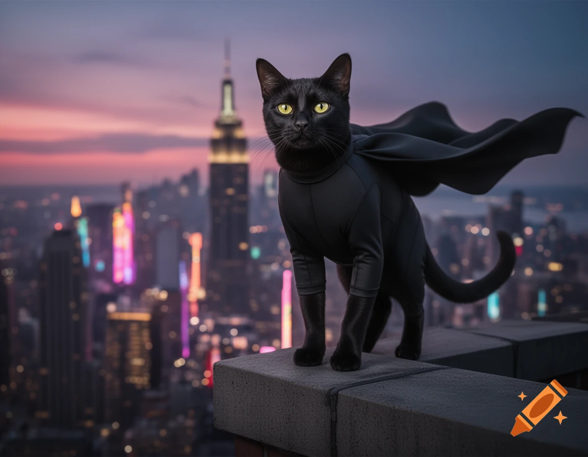 A black cat in a superhero suit and cape stands on a city rooftop at dusk, overlooking a glowing cityscape.