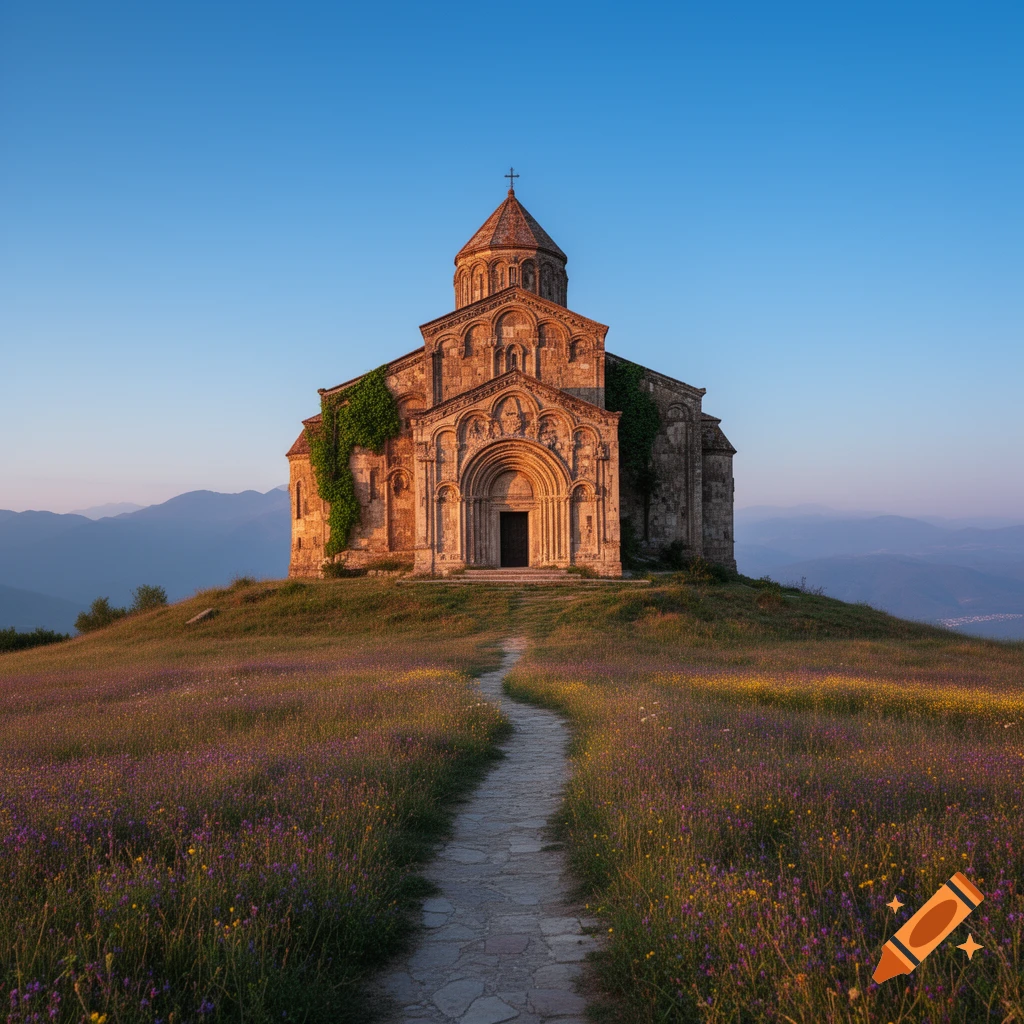 A photorealistic stone church on a wildflower-covered hill, a path leading to it, against a backdrop of mountains and a clear sky.
