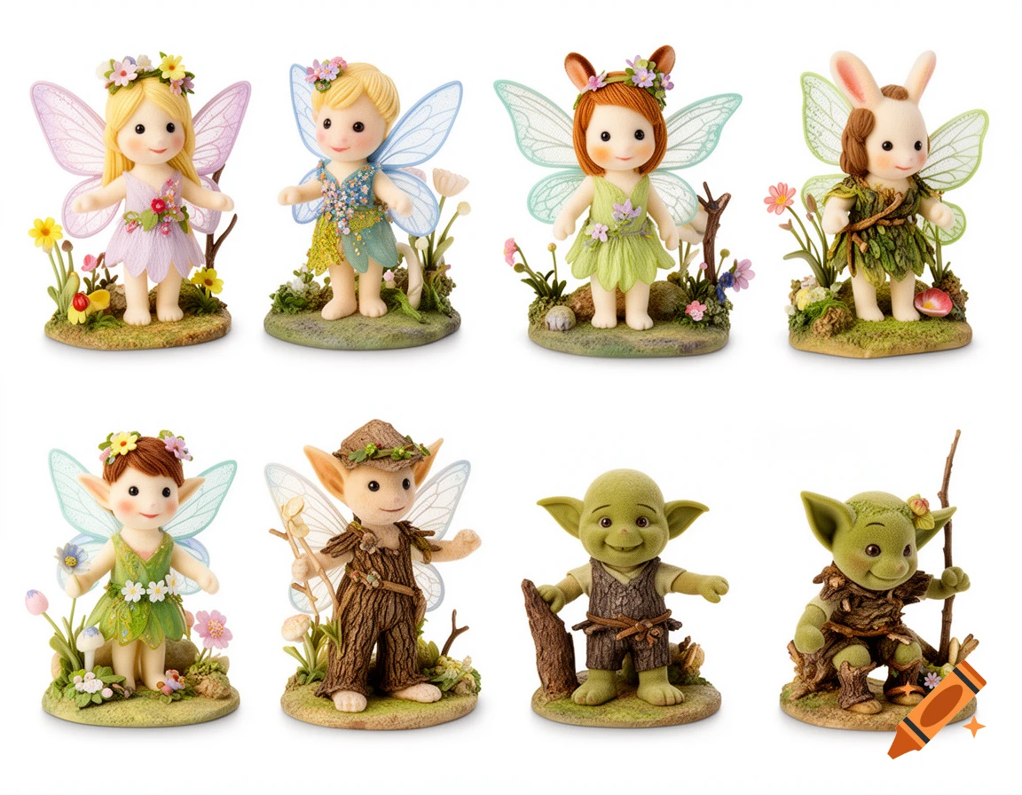 Eight fantasy figurines including fairies, pixies, and goblins in nature-themed outfits, posed on small bases on a white background.