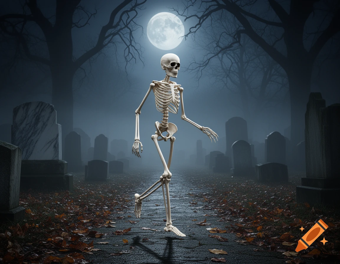A photorealistic skeleton walks along a path in a foggy graveyard under a bright full moon.