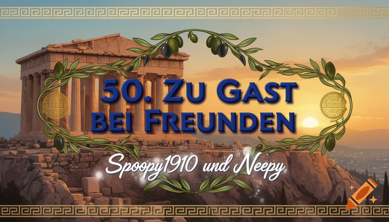 A banner featuring an ancient Greek temple ruin at sunset, framed by an olive wreath. Blue text reads "50. ZU GAST BEI FREUNDEN" with "Spoopy1910 und Neepy" below.