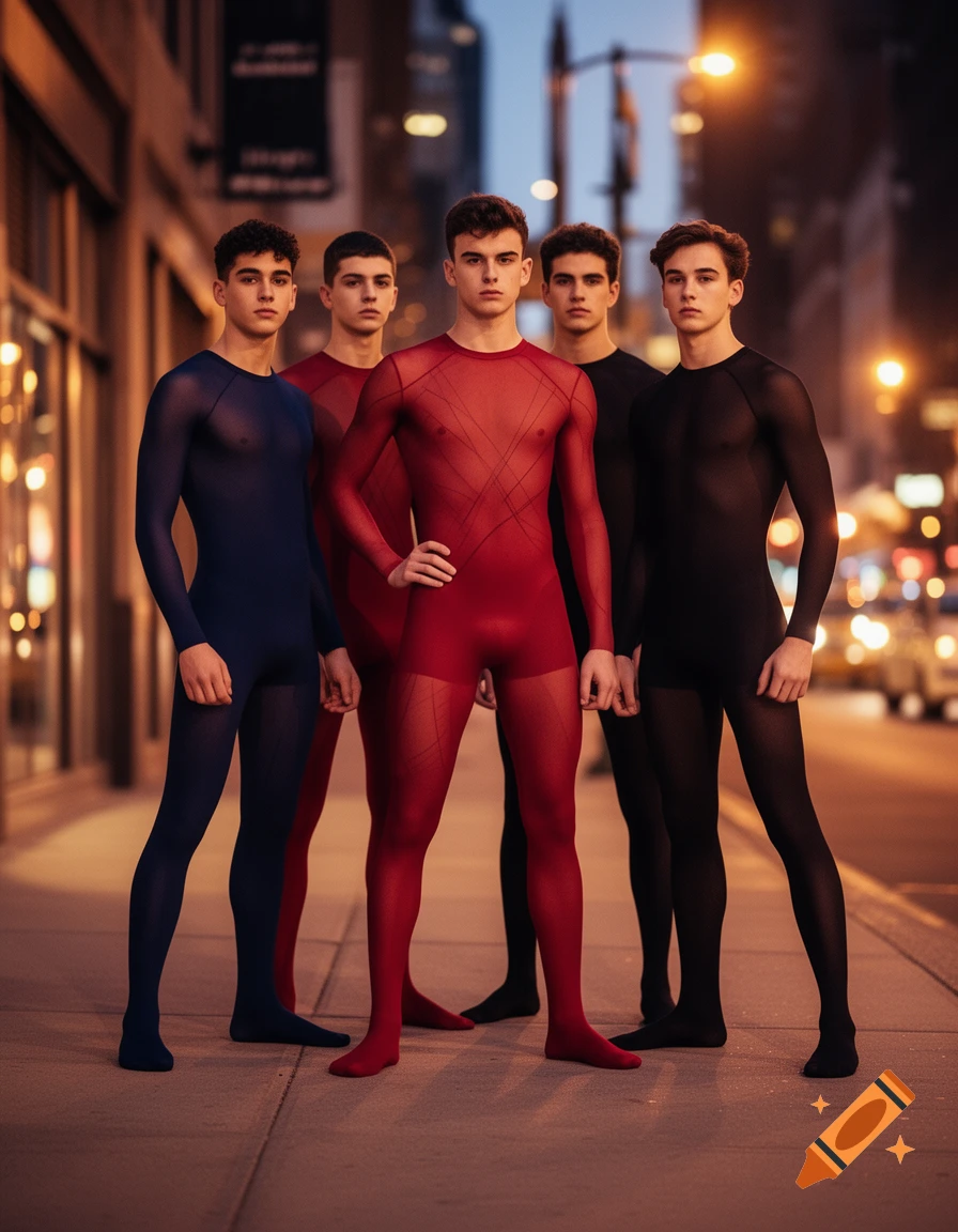 Five young men in sheer, form-fitting bodysuits stand on a city sidewalk at night, photorealistic style.