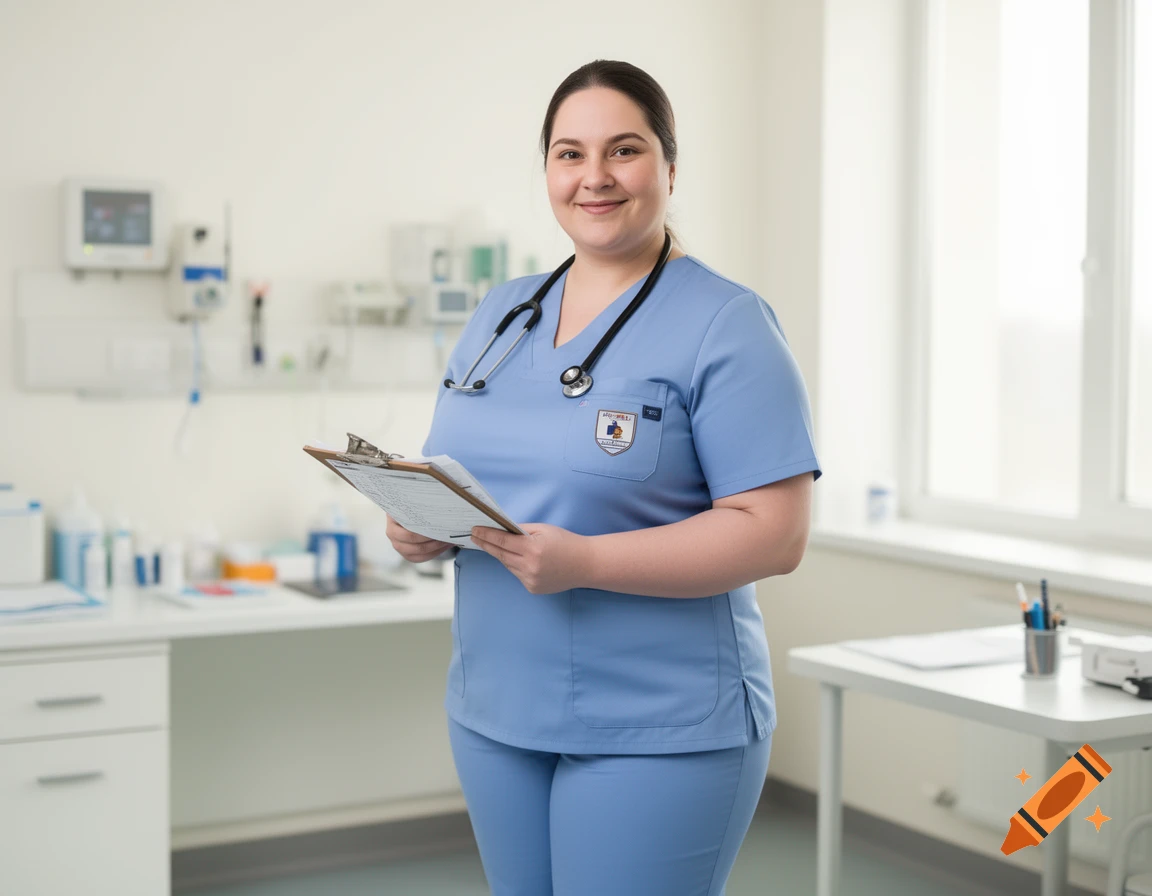 A smiling female nurse in blue scrubs holds a clipboard in a bright medical room.