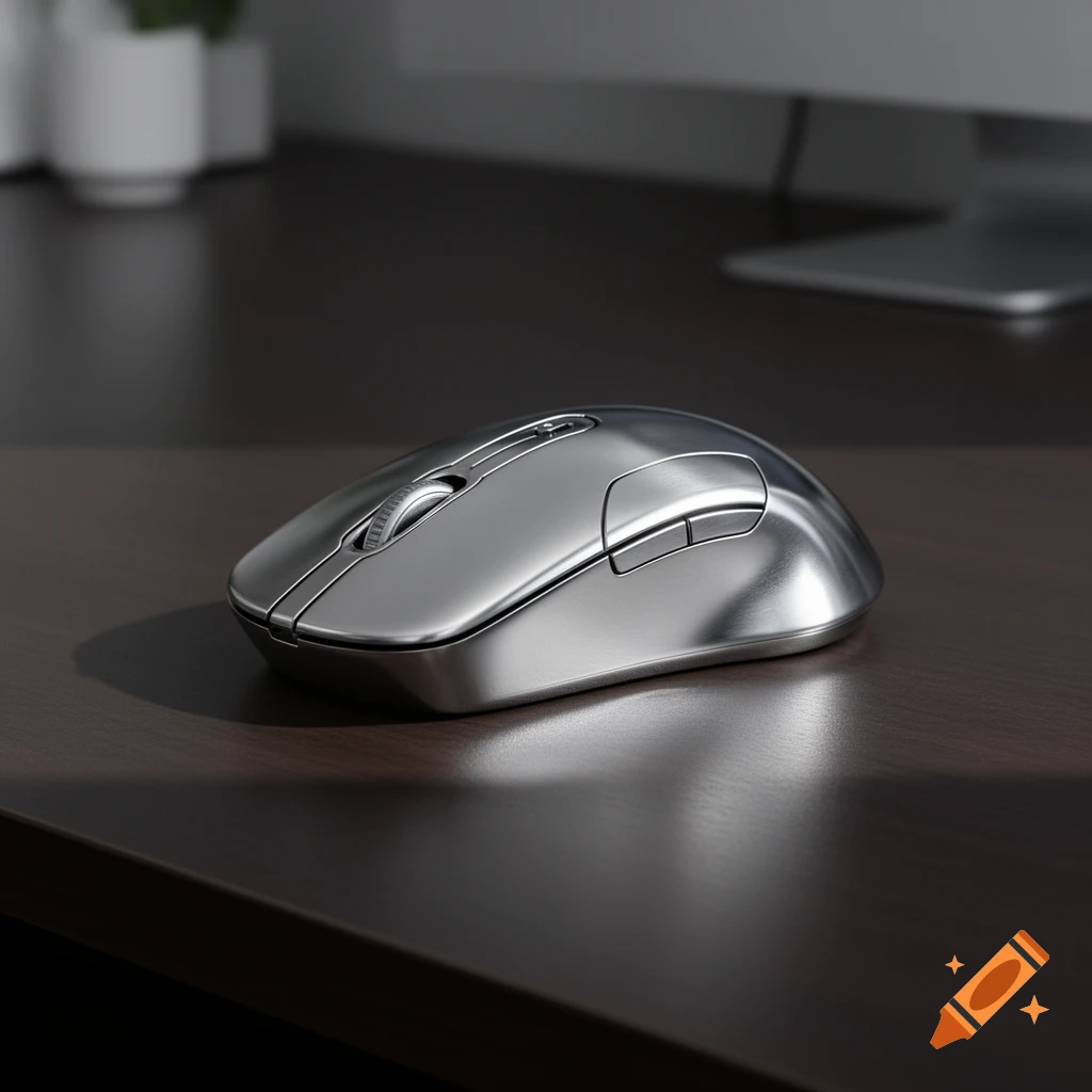 A photorealistic silver metallic computer mouse on a dark wooden desk, with a blurred monitor in the background.