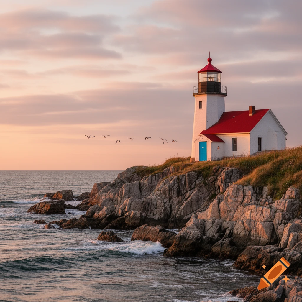 A white lighthouse with a red roof and blue door stands on a rocky coastline with waves crashing below, under a pastel sunset sky with birds flying.