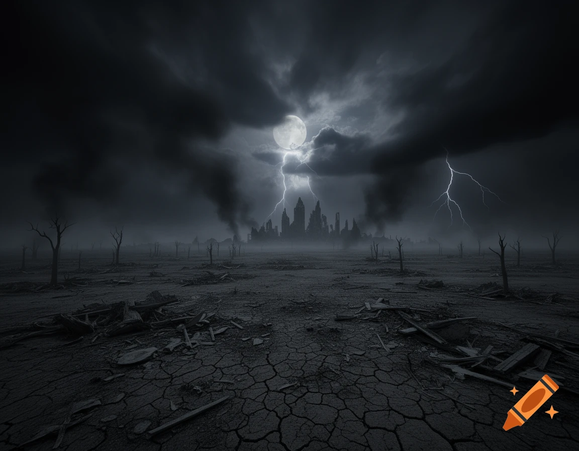 A dark, apocalyptic landscape with a ruined city under a stormy night sky, full moon, and lightning, with cracked earth and bare trees.