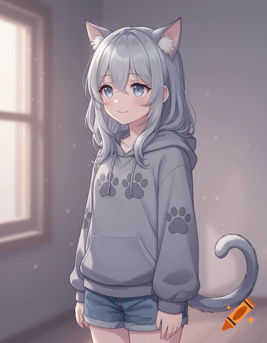 An anime catgirl with silver hair, blue eyes, cat ears, and a tail wears a grey paw-print hoodie and denim shorts, standing indoors.