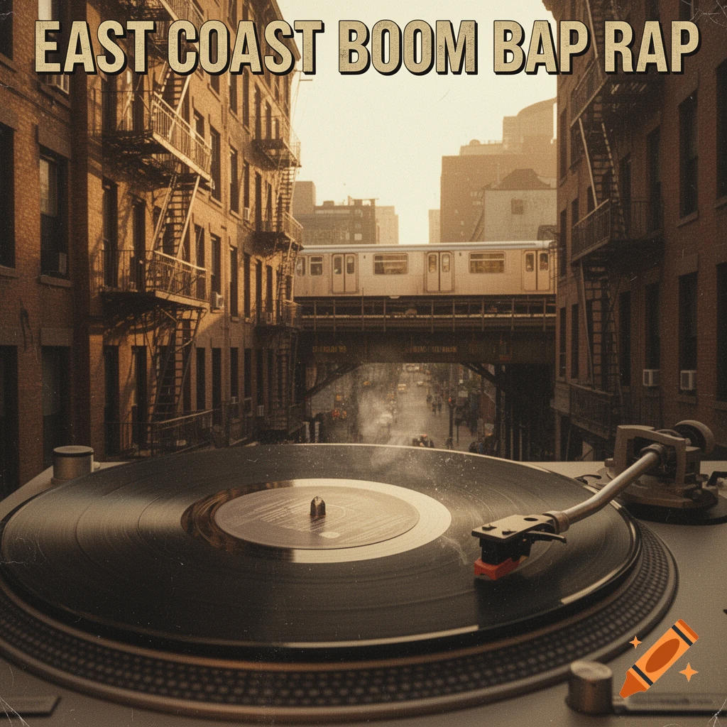 Retro album cover art featuring a spinning vinyl record against a gritty New York City street with buildings and an elevated subway.