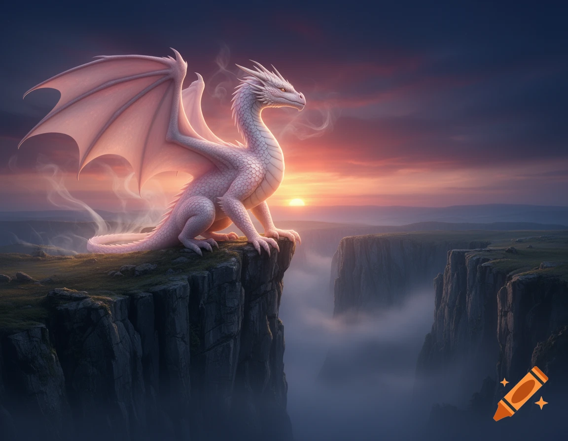 A majestic pink and white dragon perched on a rugged cliff overlooking a misty valley, silhouetted against a vibrant sunset.