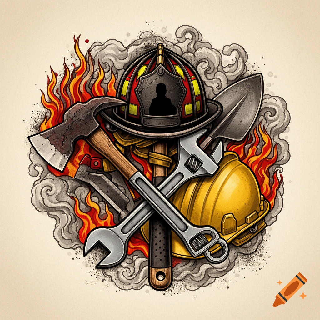 A stylized illustration of firefighting and construction tools, including a helmet, axe, wrench, and hard hat, surrounded by flames and smoke.