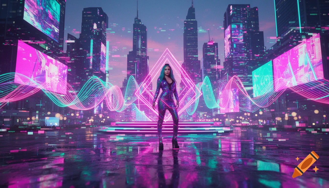 A woman in a shimmering teal jumpsuit and heels stands in a neon-lit cyberpunk city with pink and teal sound waves and glowing geometric shapes.