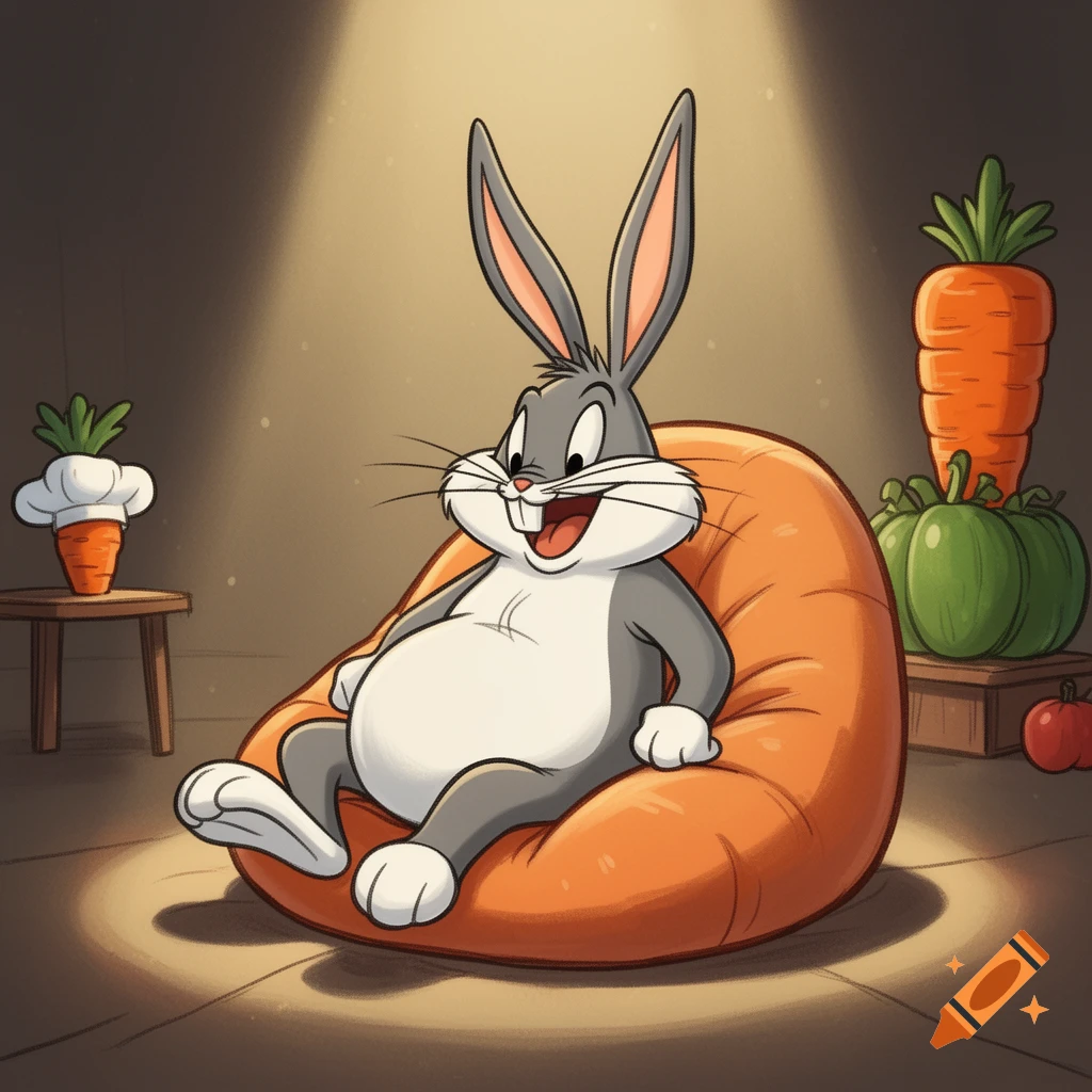 Chubby Bugs Bunny sits smiling on an orange beanbag chair, surrounded by carrots and pumpkins in a spotlight.
