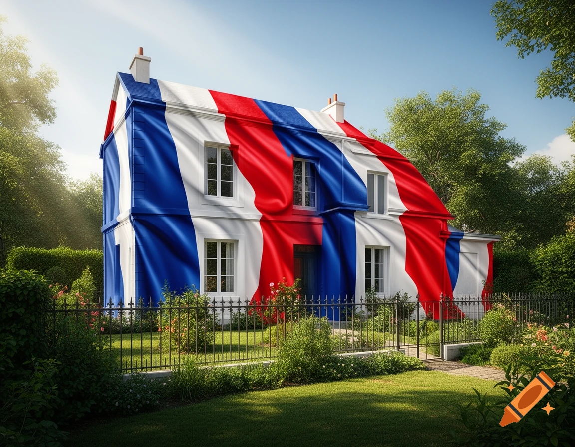 A photorealistic image of a house covered entirely in a large, waving French flag, set within a lush green garden.