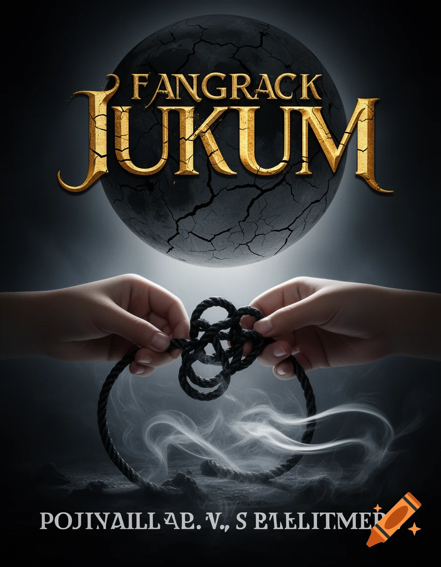 A dark fantasy book cover with two hands tying a black rope knot below a cracked black moon. Golden cracked text reads 'FANGRACK JUKUM'.