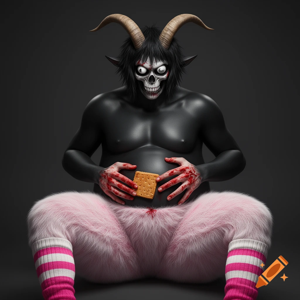 A black demon with horns, a skull-like face, and bloody hands holding a cracker on its belly, wearing fluffy pink pants and striped socks.