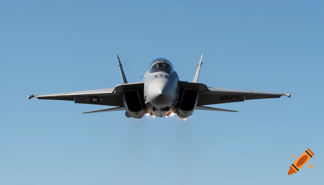 A grey military jet, possibly an F-14 Tomcat, flies directly towards the camera, slightly tilted upwards, with afterburners glowing against a clear blue sky.