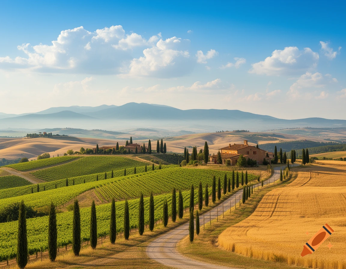 Photorealistic Tuscan landscape with rolling hills, green vineyards, a winding road lined with cypress trees, and farmhouses under a blue sky.