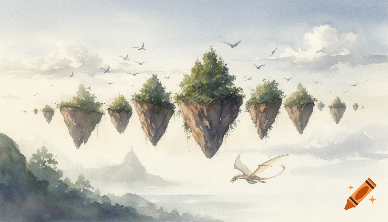 Watercolor painting of rocky floating islands with trees, birds flying, and a light-colored dragon soaring below them.