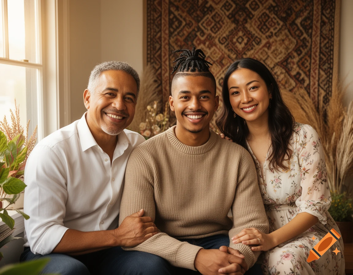 A smiling diverse family portrait featuring an older man, a young man with a cornrow hairstyle, and a young woman in a floral dress, sitting indoors with a patterned tapestry background.
