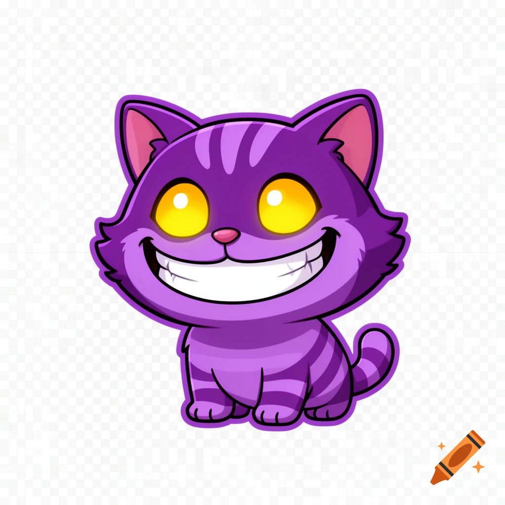 A cute, chibi-style purple striped cat with large glowing yellow eyes and a wide grin, inspired by the Cheshire Cat.