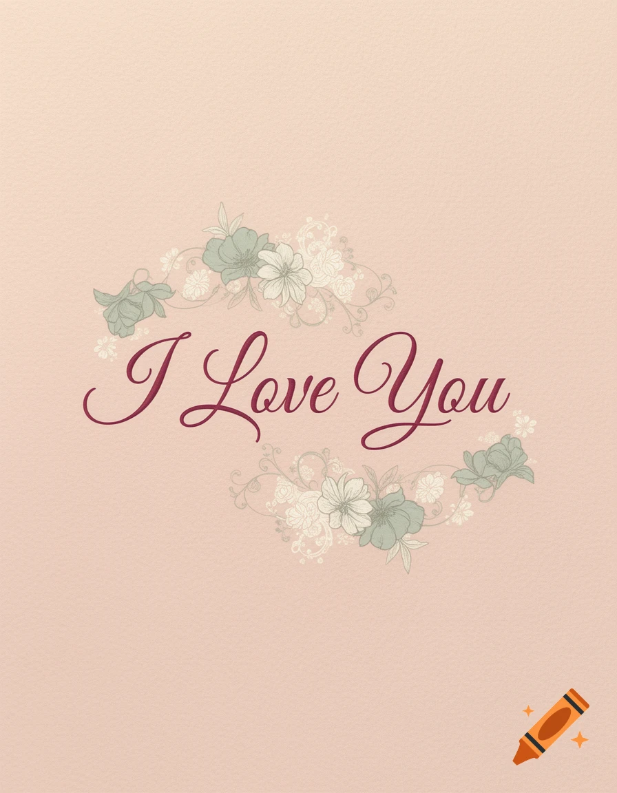 Elegant 'I Love You' message in script with delicate flowers on a textured pink background.