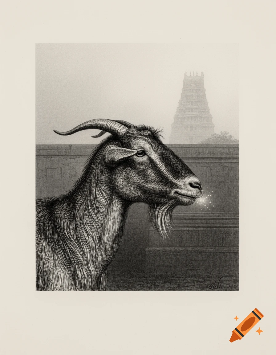 Black and white etching of a goat's profile with a faint, misty Tamil Nadu temple in the background.