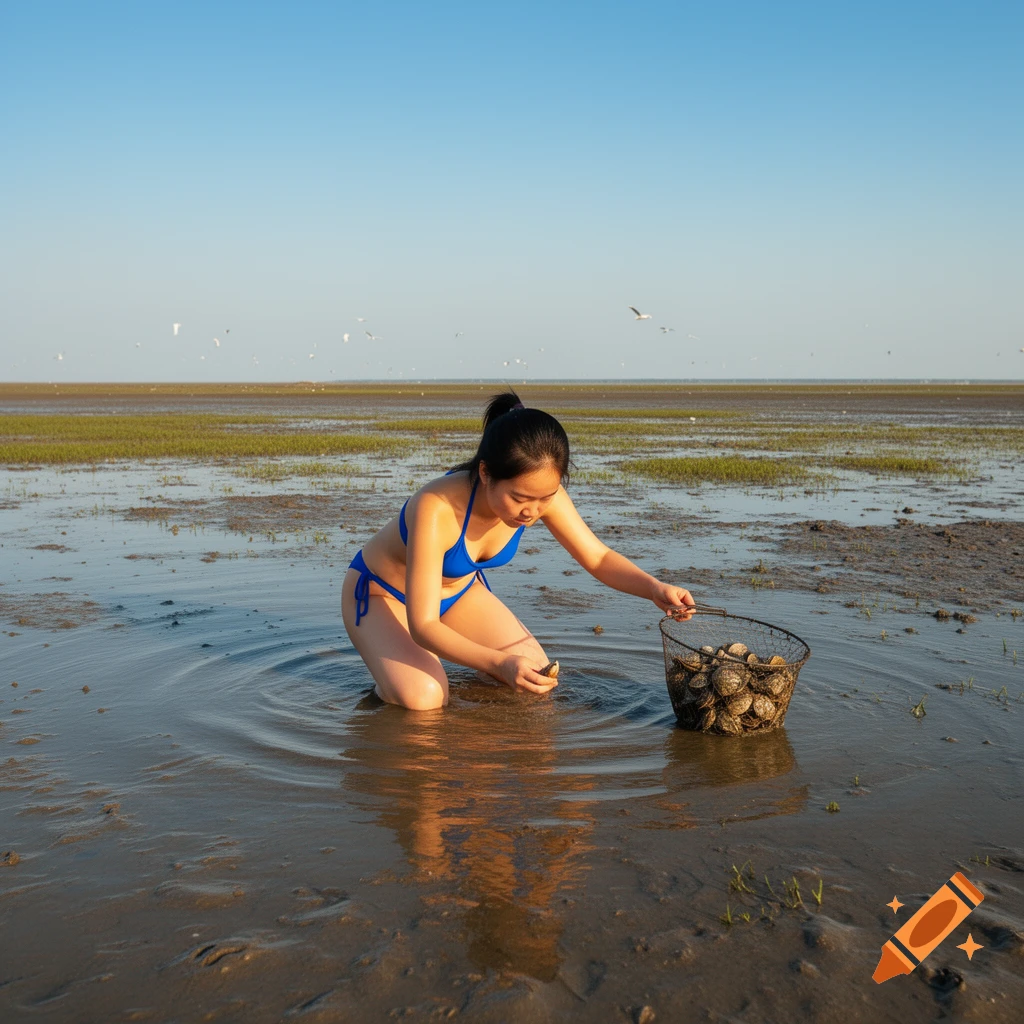 A woman in a blue bikini kneels in a shallow tidal flat, collecting clams into a net.