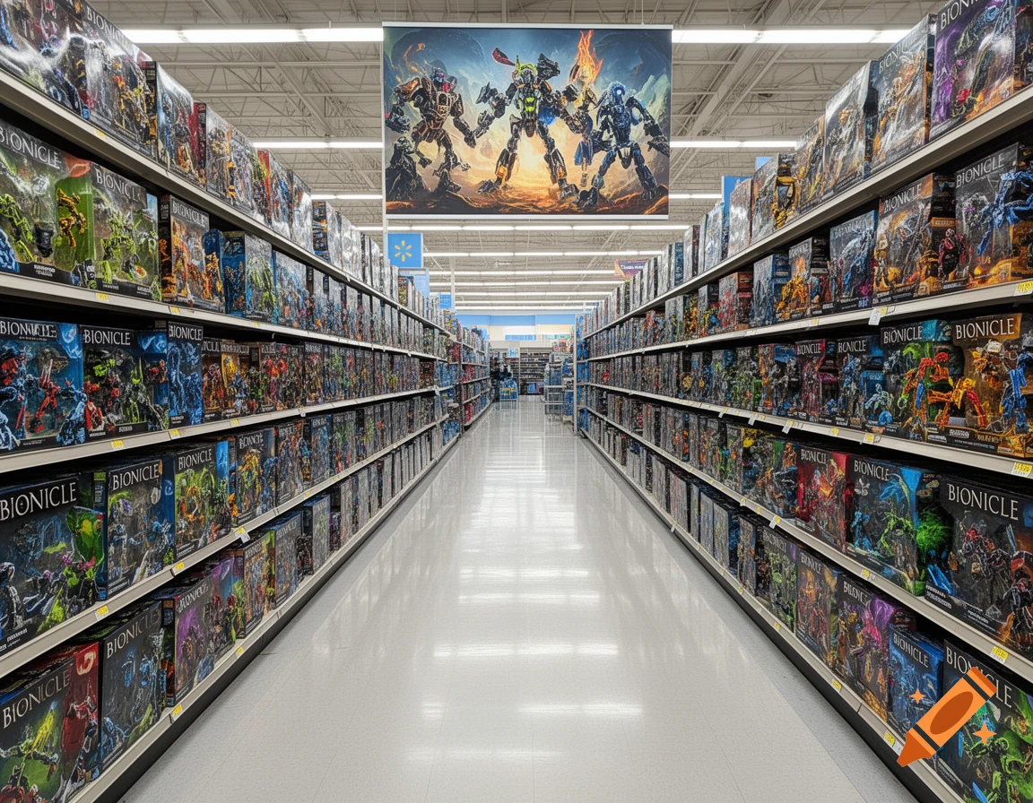 A brightly lit, long store aisle in Walmart, lined with shelves full of colorful Bionicle toy boxes. A Bionicle poster hangs overhead.