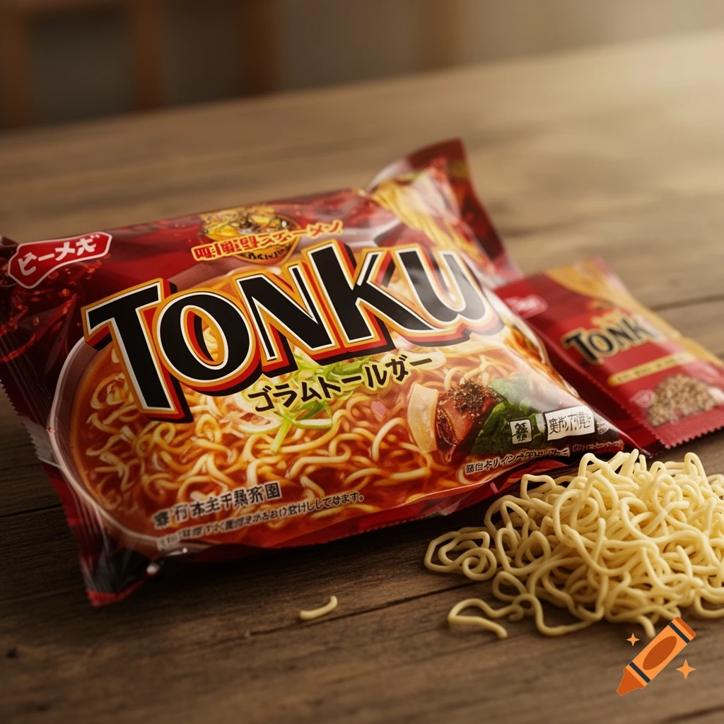 A red instant ramen package labeled TONKU with loose dry noodles and a seasoning packet on a wooden table.