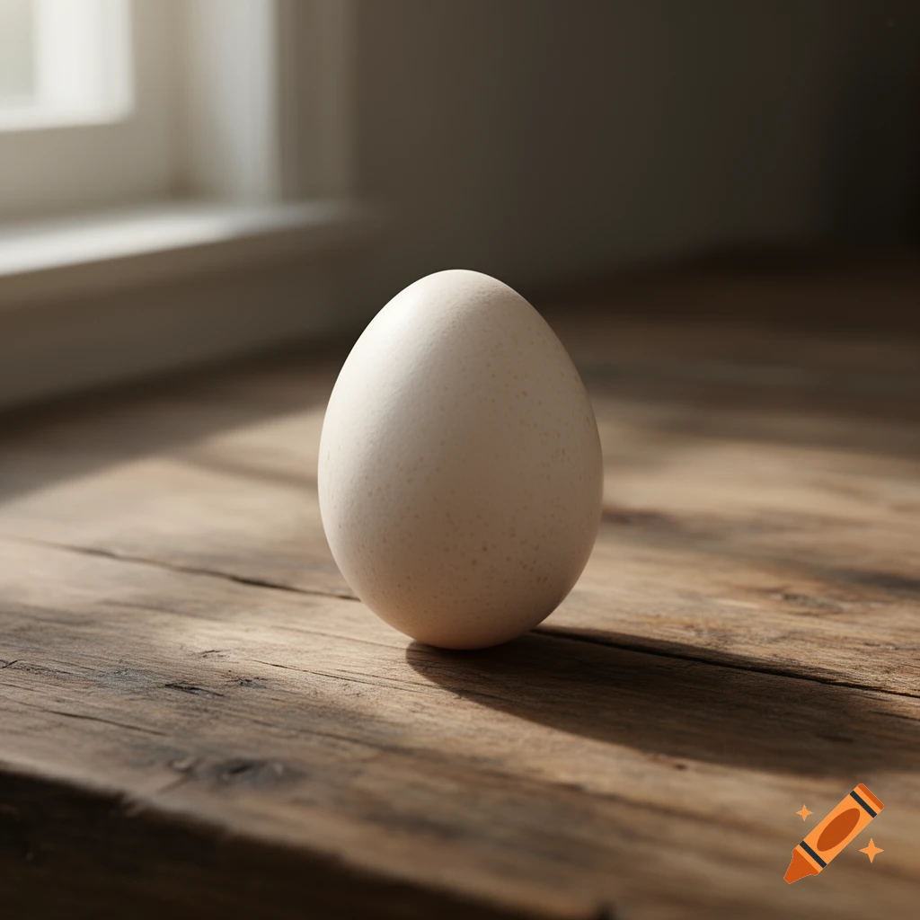 A single white egg rests on a rustic wooden table, illuminated by soft light from a window, in a photorealistic style.